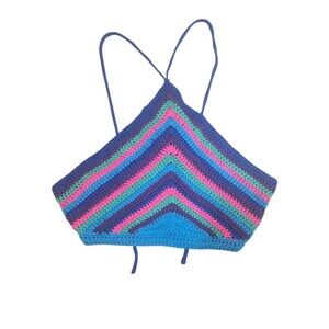 Timing Womens Halter Top Size L Multicolor Crochet Chevron Striped Boho Festival
